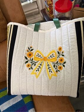 Quilted White Tote Bag with Yellow Bow & Floral Embroidery